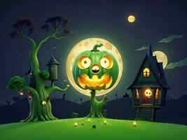 content Halloween sorcière maison citrouille arbre et lune avec content visage sur vert foncé nuit arrière-plan, chaton illustration, ai généré photo