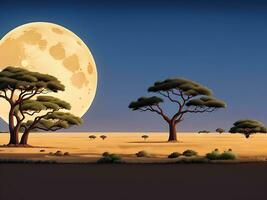 savane paysage avec acacia des arbres à nuit vecteur dessin animé illustration, ai généré photo