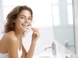 souriant jolie femme la lessive sa visage et à la recherche dans le miroir photo
