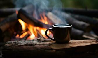 émail tasse de chaud fumant café séance sur un vieux enregistrer. ai généré photo