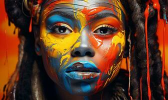 La peinture de une jolie Jeune africain américain femme avec noir peindre et coloré peindre sur sa affronter. ai généré photo