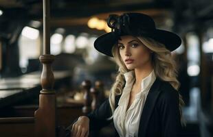 élégant haute société la photographie, magnifique femme dans haute société portant une fantaisie chapeau à une cheval course. ai généré photo
