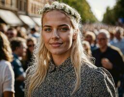 photo de magnifique femme à parade rue dans L'Europe  pays, génératif ai