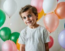 photo séance photo de enfant avec des ballons sur blanc arrière-plan, génératif ai