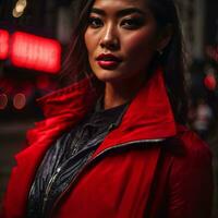 photo de femme dans rouge tissu à rue nuit avec lumière, génératif ai