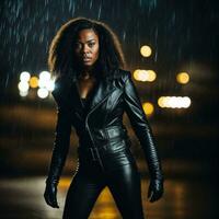 photo de fort africain femme avec noir cuir costume dans lourd pluie nuit, génératif ai