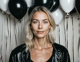 photo de magnifique européen femme avec blond cheveux Couleur dans noir et blanc des ballons dans arrière-plan, génératif ai