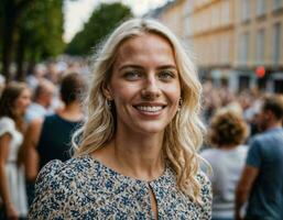 photo de magnifique femme à parade rue dans L'Europe  pays, génératif ai