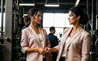 photo de travail entrepreneur femme à usine avec machine et ouvrier, génératif ai