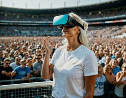 photo de magnifique femme avec vr des lunettes casque à stade sport arène, génératif ai