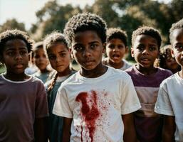 photo groupe de fille étant intimidé avec blessure et du sang dans le gang, génératif ai