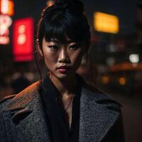 photo de asiatique femme à rue nuit avec lumière, génératif ai