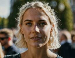 photo de magnifique femme à parade rue dans L'Europe  pays, génératif ai