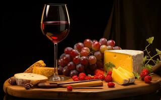 vin, les fromages et les raisins dans une ancien installation. établi avec génératif ai photo