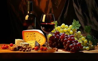 vin, les fromages et les raisins dans une ancien installation. établi avec génératif ai photo
