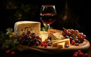 vin, les fromages et les raisins dans une ancien installation. établi avec génératif ai photo