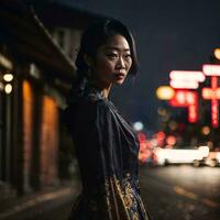 photo de asiatique femme à rue nuit avec lumière, génératif ai