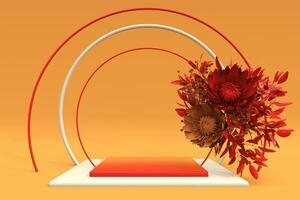 3d Orange carré podium avec l'automne composition de rouge fleurs. photo