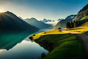 magnifique vert Montagne et rivière généré ai photo