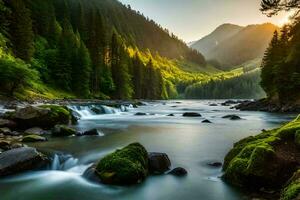 magnifique vert Montagne et rivière généré ai photo