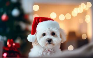 mignonne chien dans Père Noël claus chapeau contre flou Noël lumières avec copie espace. produire ai photo