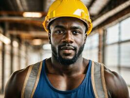 photo de africain noir homme comme une construction ouvrier avec casque, génératif ai