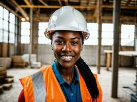 photo de africain noir femme comme une construction ouvrier avec casque, génératif ai