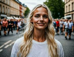 photo de magnifique femme à parade rue dans L'Europe  pays, génératif ai