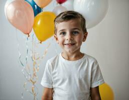 photo séance photo de enfant avec des ballons sur blanc arrière-plan, génératif ai