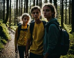 photo groupe de adolescent comme une randonneur dans le foncé bois, génératif ai