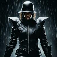 photo de fort africain femme avec noir cuir costume dans lourd pluie nuit, génératif ai