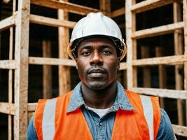 photo de africain noir homme comme une construction ouvrier avec casque, génératif ai