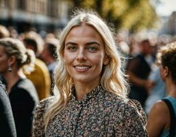 photo de magnifique femme à parade rue dans L'Europe  pays, génératif ai