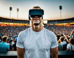 photo de Beau homme avec vr des lunettes casque à stade sport arène, génératif ai