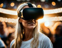 photo de magnifique femme avec vr des lunettes casque à stade sport arène, génératif ai