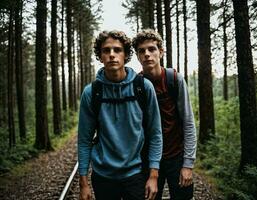 photo groupe de adolescent comme une randonneur dans le foncé bois, génératif ai