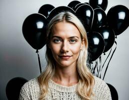 photo de magnifique européen femme avec blond cheveux Couleur dans noir et blanc des ballons dans arrière-plan, génératif ai