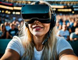 photo de magnifique femme avec vr des lunettes casque à stade sport arène, génératif ai