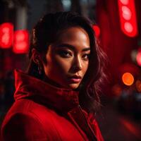 photo de femme dans rouge tissu à rue nuit avec lumière, génératif ai