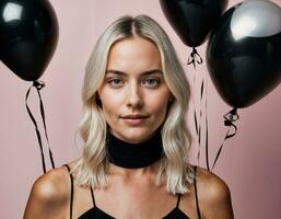 photo de magnifique européen femme avec blond cheveux Couleur dans noir et blanc des ballons dans arrière-plan, génératif ai