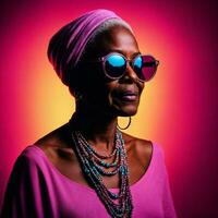 photo de milieu vieilli vieux africain femme avec avec mixte rose et bleu néon lumière, génératif ai