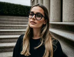 photo de magnifique femme avec noir audacieux des lunettes à escalier dans de face de bâtiment, génératif ai