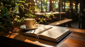 une tasse de café avec livre et stylo sur le en bois table ai généré photo