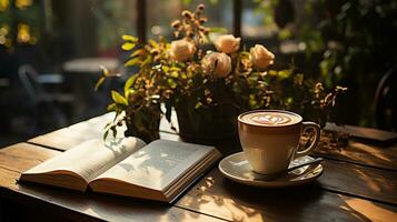 une tasse de café avec livre et stylo sur le en bois table ai généré photo