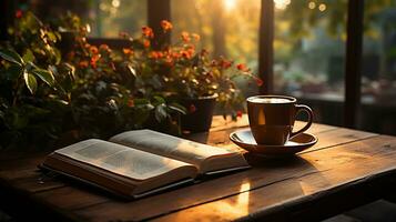 une tasse de café avec livre et stylo sur le en bois table ai généré photo