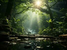 aérien vue de pluie forêt à le lumière du jour ai génératif photo