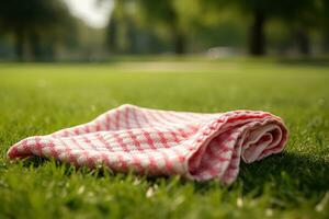 rouge et blanc plaid pique-nique couverture sur Haut de une vert champ dans ensoleillé journée sur herbe de pelouse dans été parc. flou Contexte. génératif ai photo