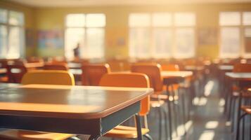 école salle de cours dans brouiller Contexte sans pour autant Jeune étudiant. floue vue de élémentaire classe pièce non enfant ou prof avec chaises et les tables dans Campus. retour à école concept. génératif ai photo