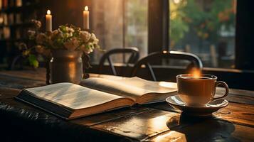 une tasse de café avec livre et stylo sur le en bois table ai généré photo