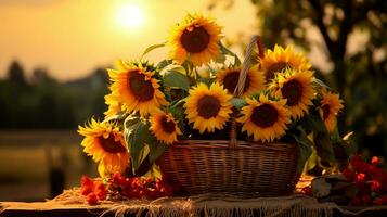 fermer de magnifique Jaune tournesols dans une en bois osier panier avec une flou Contexte. image pour le calendrier. photo